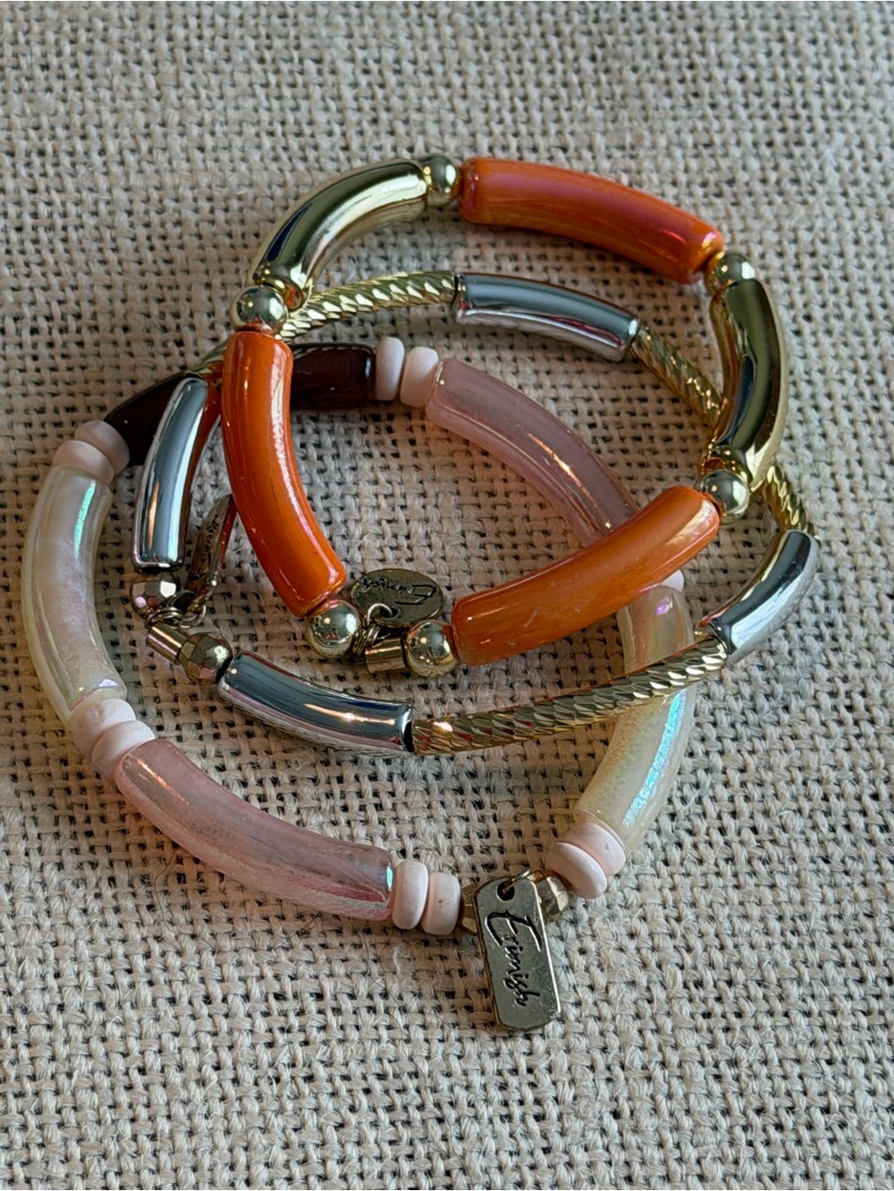 Erimish Coral Orange Gold Silver Trio Elastic Bracelets